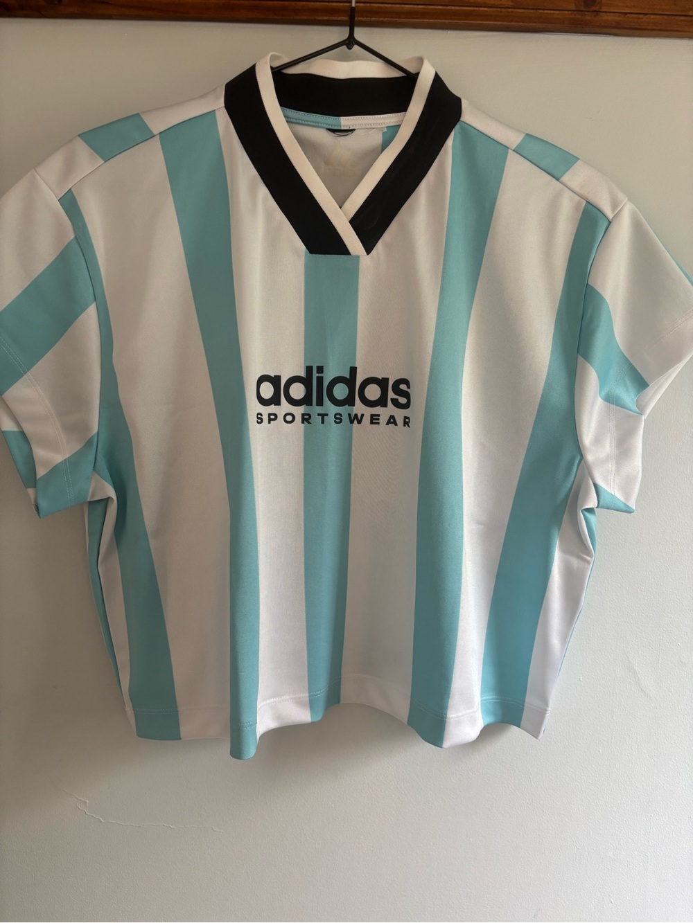 adidas White and Light Blue Striped Crop Top